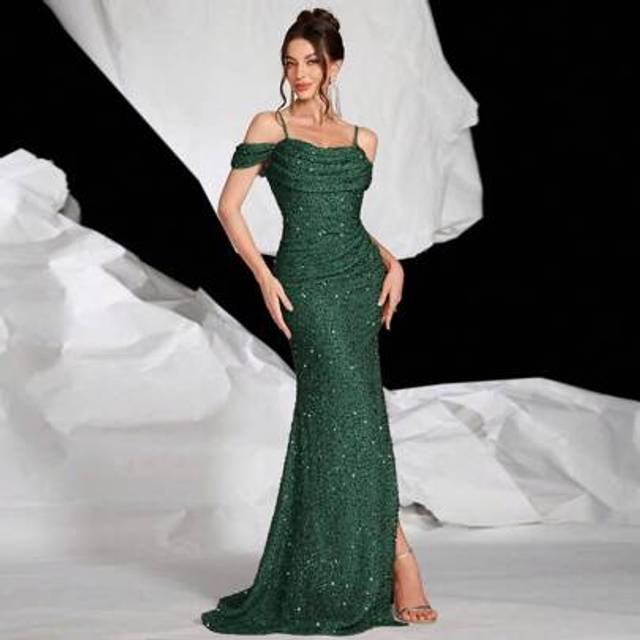 SHEIN Sequin Open Shoulder Spaghetti Strap Fitted Mermaid Hem Split Thigh Dress With Built-In Bra Pads, Formal Party Evening Gown, For Wedding Guest