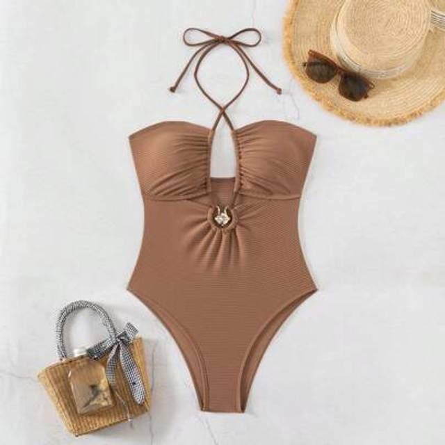 SHEIN Summer Beach Women Solid Color Simple Halter Neck Tie One-Piece Swimsuit Bathing Suit