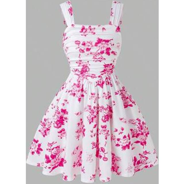 SHEIN Light Blue & White Porcelain Pattern Sweet Pleated Midi Dress