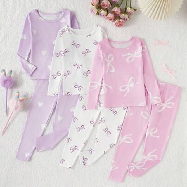 SHEIN 3pcs Young Girl Bunny & Ditsy Floral Long Sleeve Top And Legging Snug Fit Pajama Set