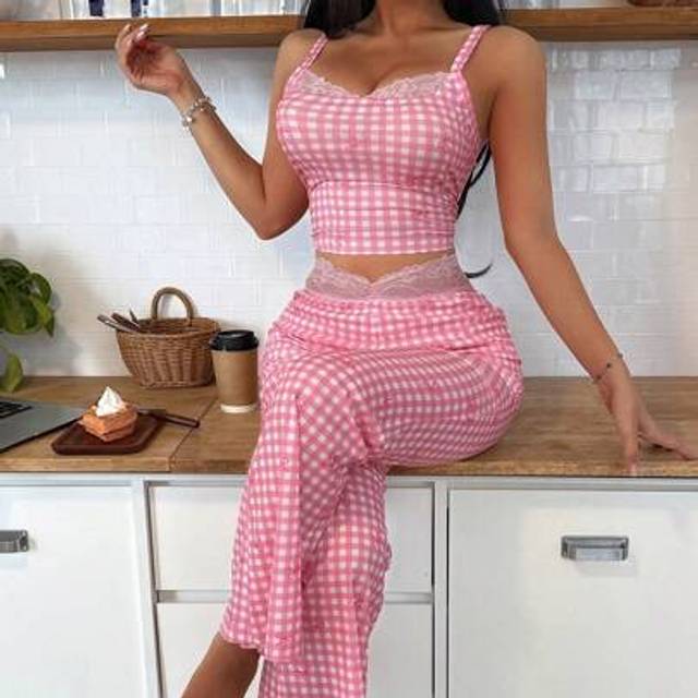 SHEIN Women&#39;s Retro Plaid Bow Lace Trim Camisole And Flared Leg Pants Pajama Set