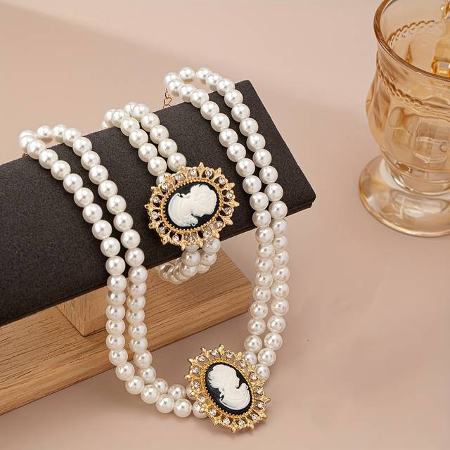 TEMU 1 Set Elegant Double-strand Pearl Necklace And Bracelet Set With Embossed Decoration, , Suitable For Women's Fashion Accessories In All