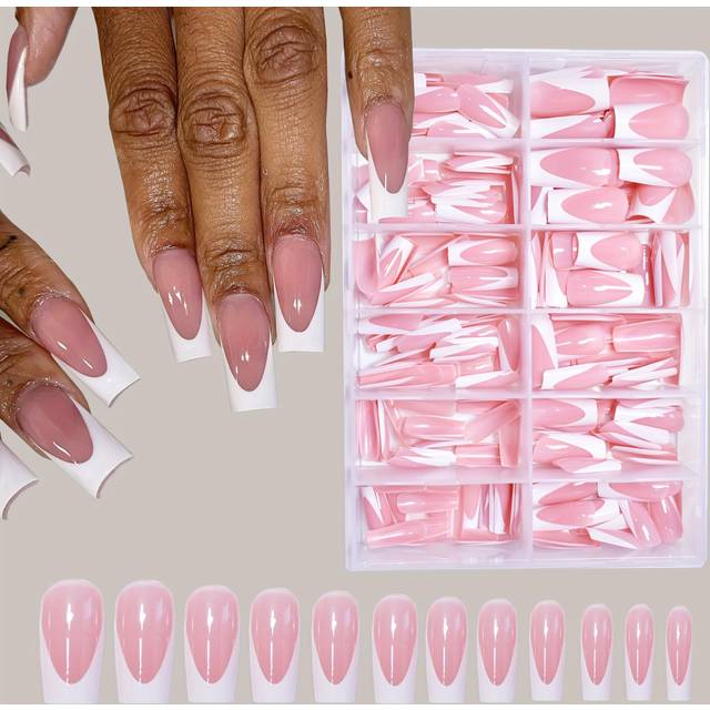 TEMU 288-piece French Stripe Long Press-on Nails Set, Glossy Finish, Pipe Material Style False Nails, Suitable For Everyday Wear