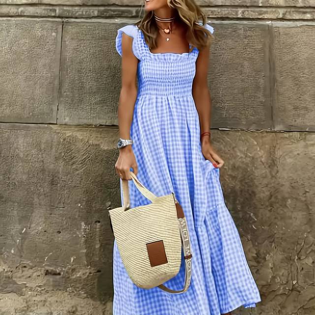 TEMU Women's Elegant Gingham Smocked Waist Square Neck Dress - Fitted Long Sleeve Midi Dress, Machine Washable Casual To Formal Wear, Long Sleeve Dresses