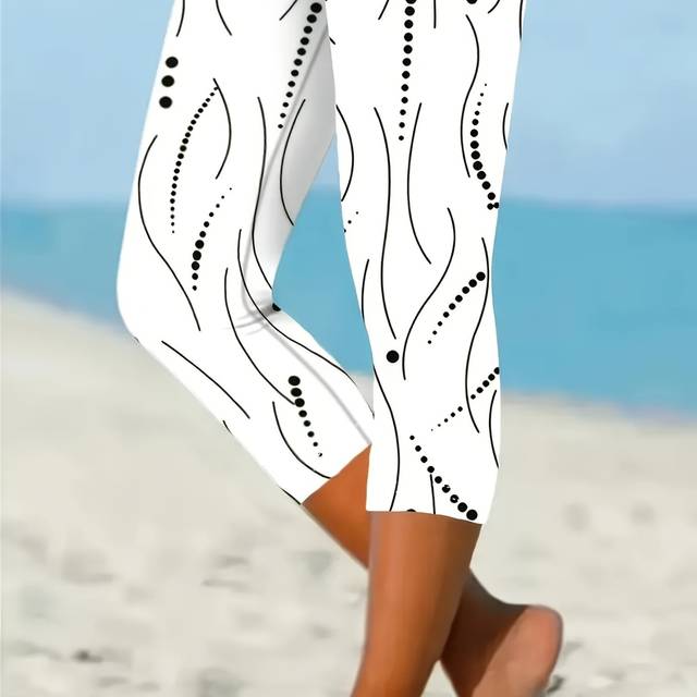 TEMU Women's Elegant Polka Dot Print Capri Leggings - Stretchy, Breathable Fabric For Spring, Summer & Fall, Black With White , Beach & Casual Wear, Beachwear Leggings | Chic Leggings |
