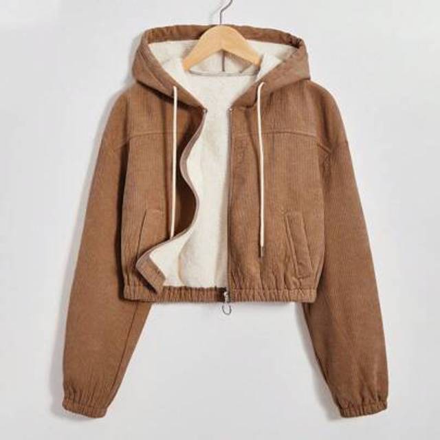 SHEIN Corduroy Lined Hooded Long Sleeve Jacket