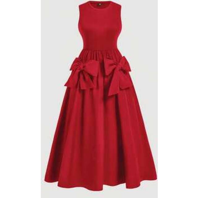SHEIN Plus Size Red Vintage Long Cute Girlish Big Bow Decor Elegant Dress,Birthday Dresses For Women