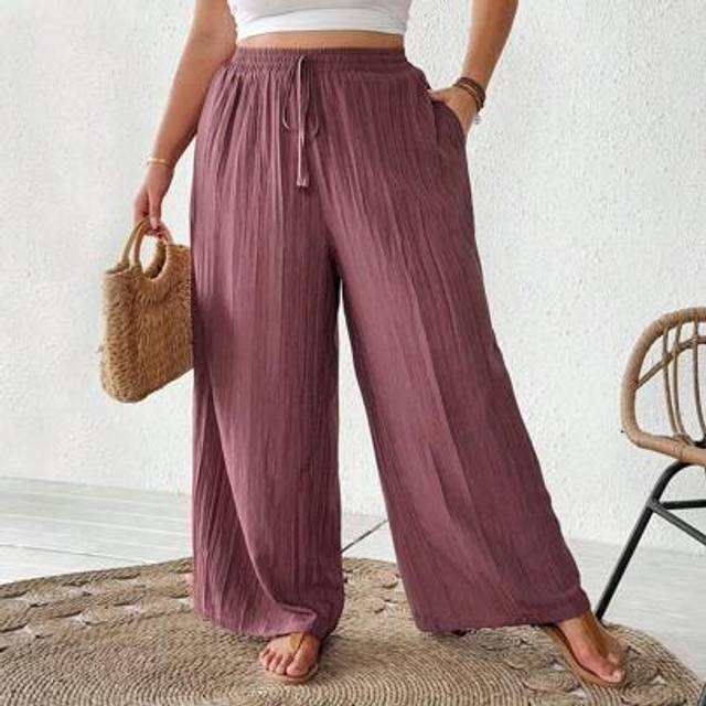 SHEIN Plus Size Women New Spring & Summer Business Casual Ladies Beach, Fashionable Commuting Elegant Wide-Leg Pants With Pockets, Beach Resort Wear