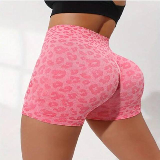 SHEIN Sport Seamluxe Leopard Scrunch Butt Tummy Control Sports Biker Shorts Stretchy Shorts