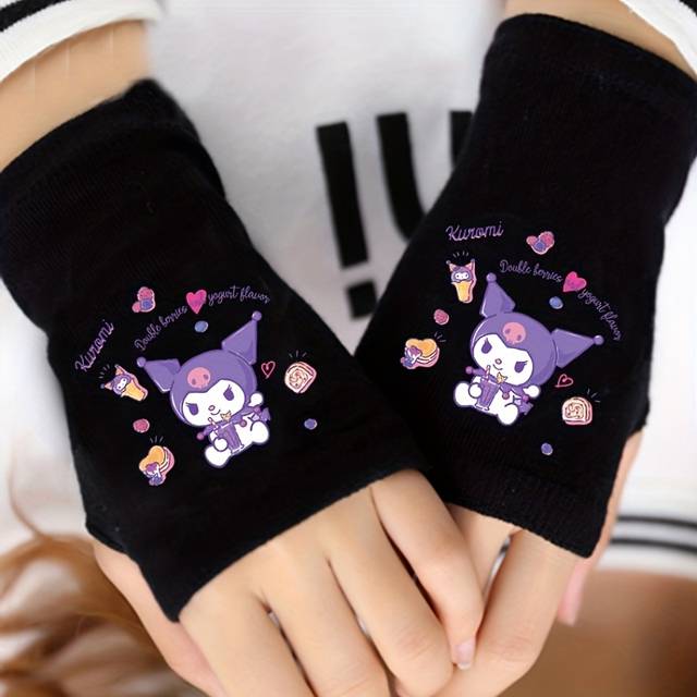 TEMU Kuromi Women's Fingerless Gloves - Cute Cartoon Design With Hearts & Sweets, Warm Stretchy Winter & Autumn Gloves For Casual , Black, Cute Gloves, Fashionable , Design,