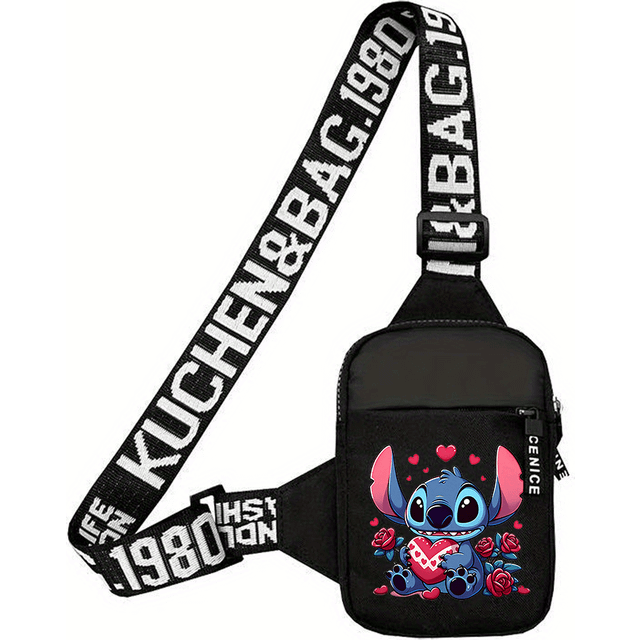 TEMU 1pc Stitch Chic Fanny Pack - Adjustable Strap, Lightweight Crossbody Bag, Nylon Material, Vibrant , Heart & Roses Pattern, Outdoors, Vacations & Daily Commute, Stitch Bag