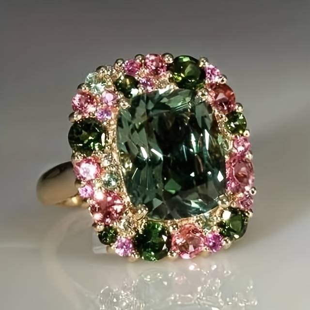 TEMU Elegant Women's Fashion Ring With Oval-cut Synthetic Gemstones In Pink, Green, And Clear Crystals - Luxurious Copper Band For Weddings, Parties, And Casual Attire