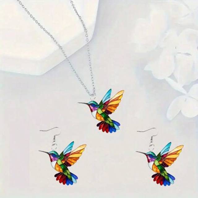 SHEIN 1 Set Minimalist Style Enamel Hummingbird Print Acrylic Pendant Necklace And Earrings Jewelry Set
