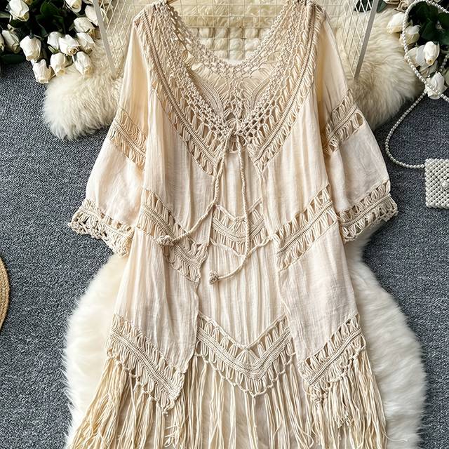 TEMU Women's Elegant White Crochet Tassel Cover-up Dress - Loose Fit, V-neck, Non-stretch Fabric, Versatile Beach Cover-up, Beach Coverup|elegant Coverup|nonstretch Fabric