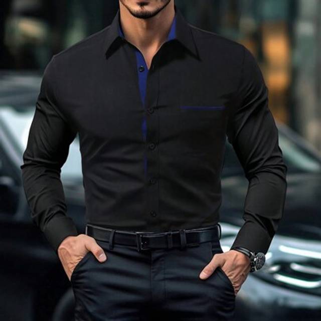 SHEIN Long Sleeve Casual Shirt, Minimalist Fashion Style, Everyday Wear Black Designer Shirt Black Shirts For Men Men S Long Sleeve Designer Dress Shirts, B
