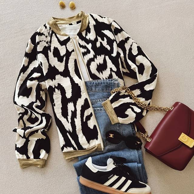 TEMU Women's Casual Zebra Print With Asymmetrical Hem - Black And White, Long Sleeve, Crew Neck, Spring/fall Style, Casual Outerwear | Zebra Print Jacket | Asymmetrical Hem Jacket