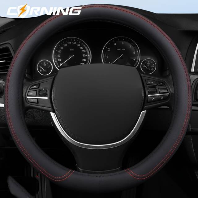 TEMU Corning Classic Matte Pu Leather Steering Wheel Cover, Anti-slip & Breathable With Red Stitching, 37cm/14.5in Fit For Cars, Grip And Style