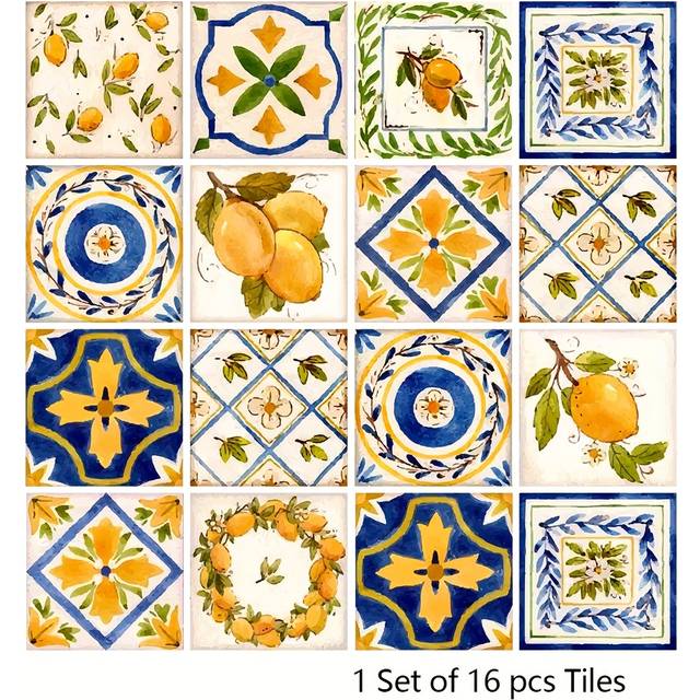 TEMU 16pcs Waterproof Self-adhesive Tile Stickers - Modern Pvc Wall Art For Kitchen, Bathroom, And Stairs - Vibrant Lemon & , Removable & , 10cmx10cm/15cmx15cm/20cmx20cm, Bathroom Wall Stickers