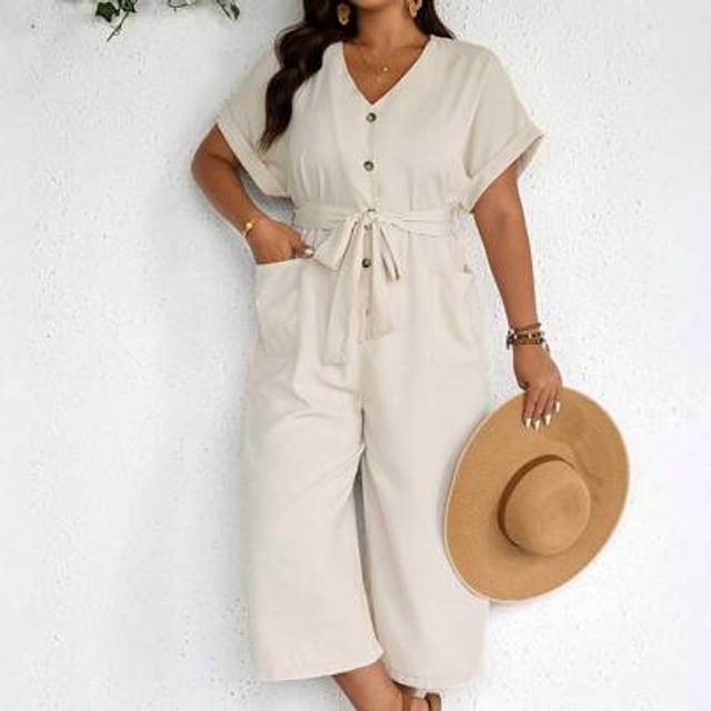 SHEIN Plus Size V-Neck Sleeveless Black Jumpsuit For Women, Waist Tie, Pockets, Casual Vacation Wear, Suitable For Summer,Business Casual Woman