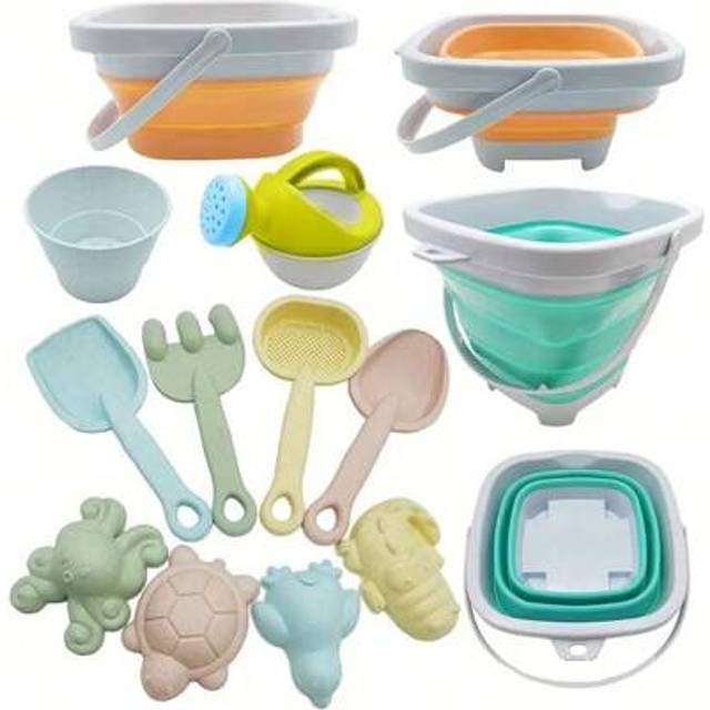 SHEIN 11pcs Beach Toy Set, Multifunctional, Folding Bucket + Creative Sand Shovel + Fun Animal Molds, Orange And Green, Made Of ABS Material, For Parent-Chi