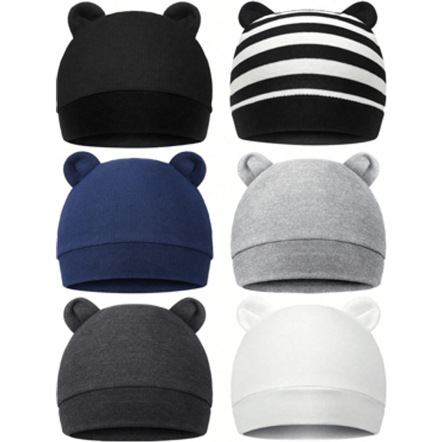 SHEIN 6 Pieces Newborn Baby Hat Bear Ears Infant Beanie Caps For 0-3 Months Boy Baby Soft Hat