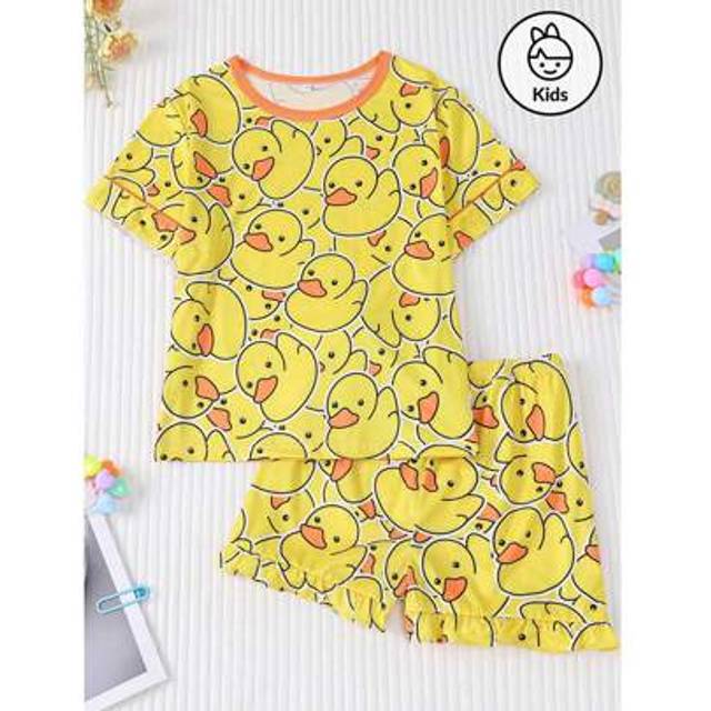 SHEIN 2pcs/Set Girls Summer Cute Yellow Duck Print Short Sleeve Pajamas, Round Neck Abstract Pattern Kids Sleepwear, Suitable For Everyday Wear, Parties, Va
