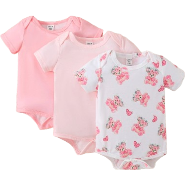 SHEIN 3pcs/Pack Newborn Casual Cute Bear Print Short Sleeve Romper, Multi-Color Combination, Suitable For Outing And Home Leisure, Spring/Summer