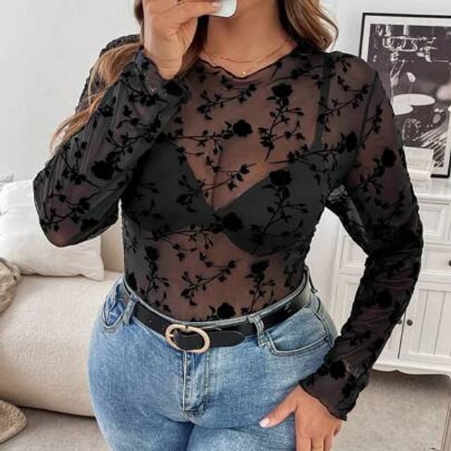 SHEIN Plus Size Women Floral Flocked Pattern Round Neck Sheer Long Sleeve Blouse