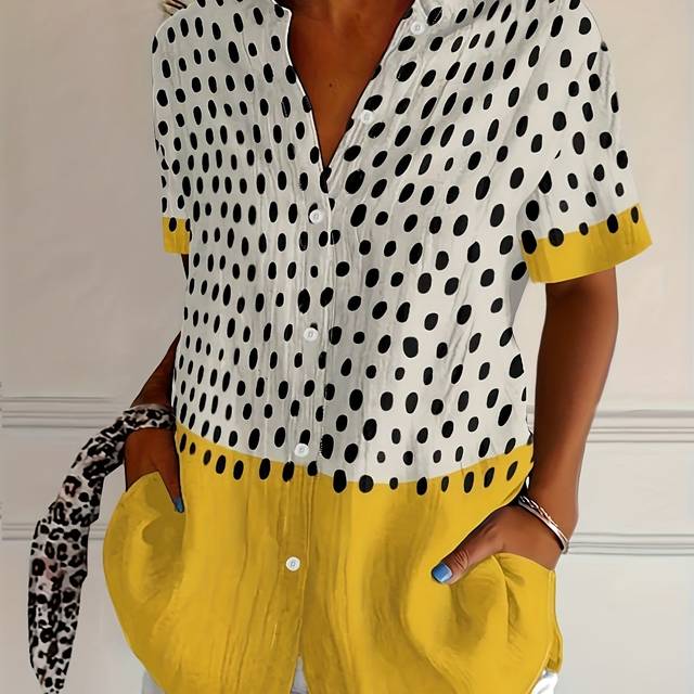 TEMU Women's Plus Size Casual Hawaiian Shirt - Black & White Polka Dot, Short Sleeve, Button-up, Yellow Accents, White Shorts, Casual Summer Attire, Casual Summer Wear | Print Top | Short Sleeve Shirt