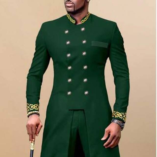SHEIN 2 Pcs/Set Men&#39;s Black Dashiki Double Breasted Long Blazer With Trouser, Golden Embroidery, Long Sleeve, Stand Collar, Elastic Waist Pants, African Att