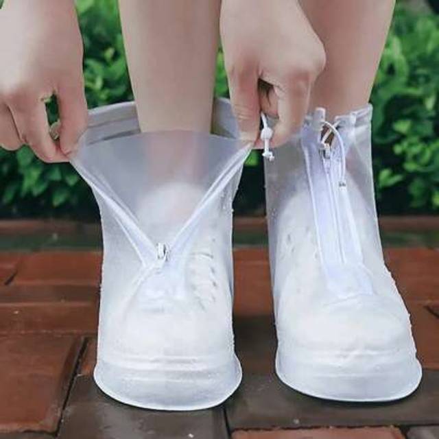 SHEIN 1 Pair White Transparent Plastic Drawstring Waterproof Rain Shoe Covers, Various Sizes, Non-Slip, Waterproof And Dustproof Reusable Shoe Covers, Outdo