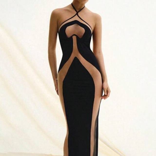 SHEIN European And American Style Halter Neck Fitted Hollow Sheer Sexy Party Dress