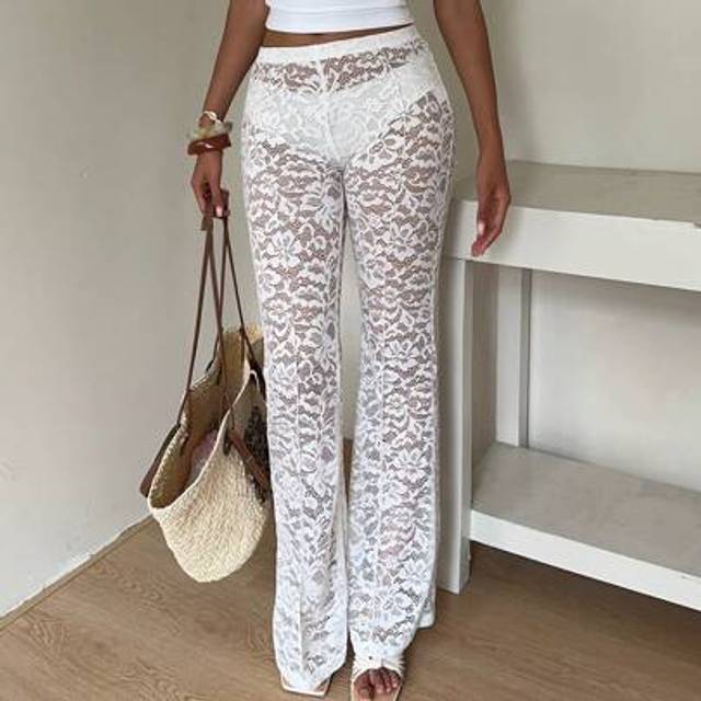 SHEIN Women&#39;s White Lace Pants, Semi-Sheer Extra Long Flare Leg Trousers For A Chic Look