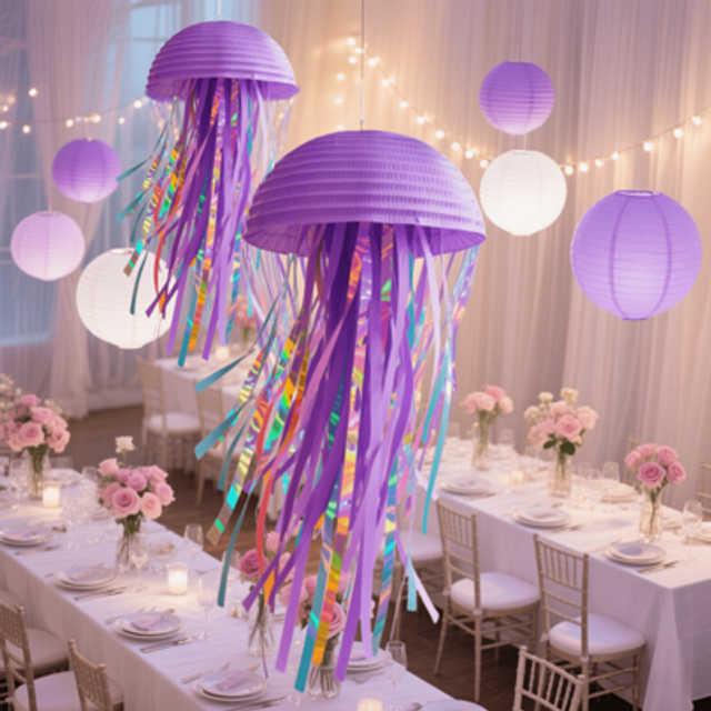 SHEIN Blue/Purple/Pink Jellyfish Paper Lanterns, Underwater Party Mermaid Hanging Decorations, Ocean Theme Birthday, Classroom, Office Supplies, Holiday Par