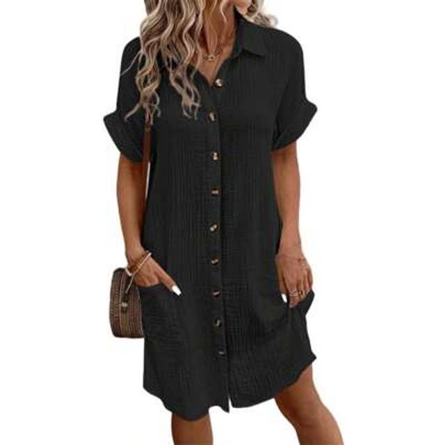 SHEIN Women&#39;s Summer Mini Dress Short Sleeve Lapel Collar Button Down Pocket Dress Fashion Shirt Dress