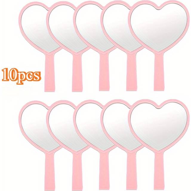 TEMU 10pcs Heart-shaped Handheld Makeup Mirrors - Portable, No Battery Needed, Women & Princess Parties, Mini Mirror, Gift
