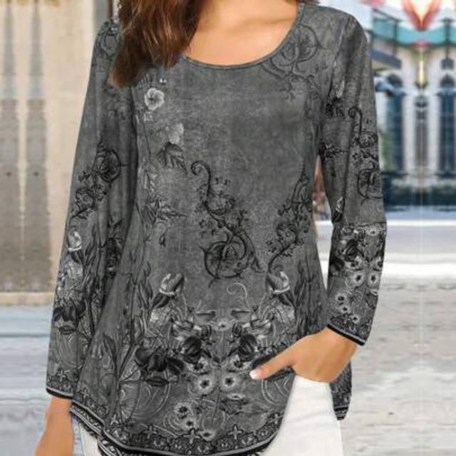 SHEIN Women Vintage Round Neck Long Sleeve Casual T-Shirt, Autumn/Winter