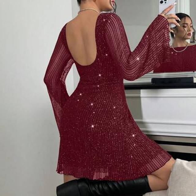 SHEIN Valentine&#39;s Day,Plus Size Women Metallic Glitter Dress, Holiday Party Formal Gown