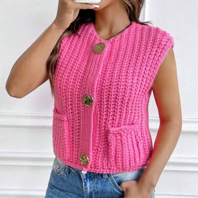 SHEIN Women&#39;s Fashion Sleeveless Short Solid Button Knit Cardigan With Pockets