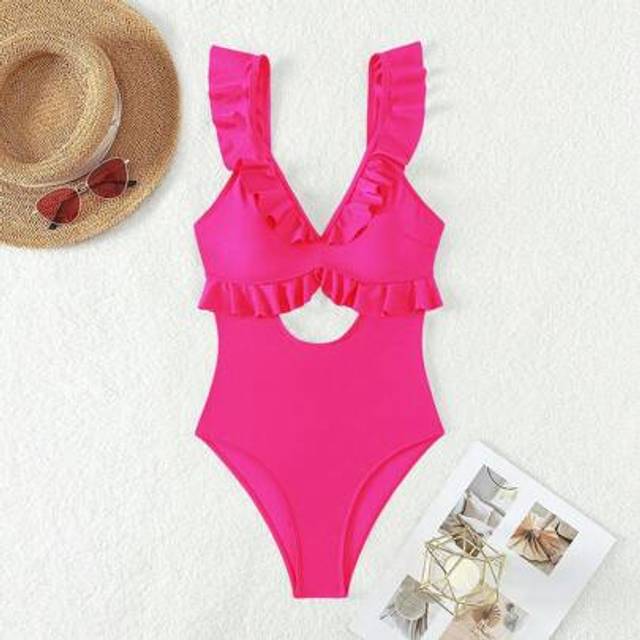 SHEIN Women&#39;s Hot Pink Ruffle One Piece Swimsuit With Cutout Waist Detail