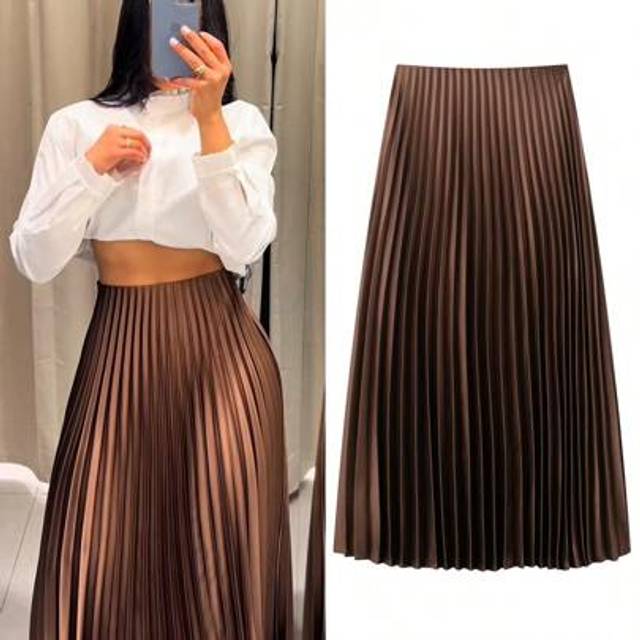 SHEIN Women&#39;s Pleated Skirt Summer Brown Ruffle Skirt Cylinder Pleats Mid Waist Midi Skirt
