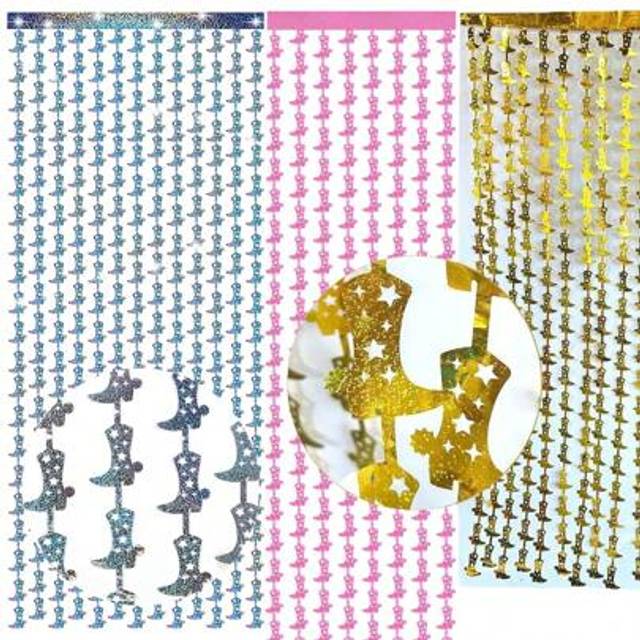 SHEIN 2pcs Cowgirl Boot Metallic Tinsel Foil Fringe Curtains For Cowgirl Birthday Party Decorations, Last Rodeo Bachelorette Backdrops,Disco Cowboy Party Su