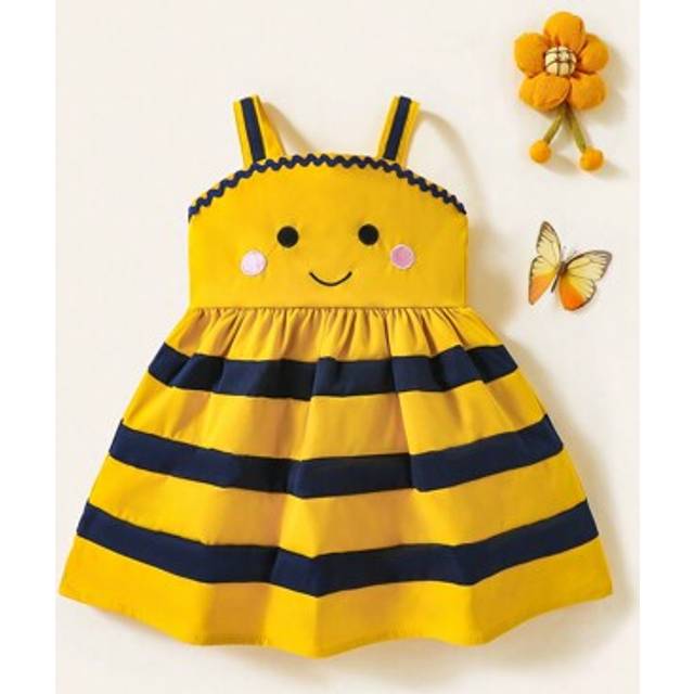 SHEIN Baby Girl Yellow And Navy Blue Cute Bee Print Sleeveless Dress