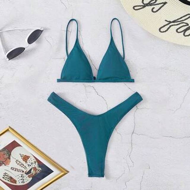 SHEIN Summer Beach Rib Triangle High Cut Bikini Set