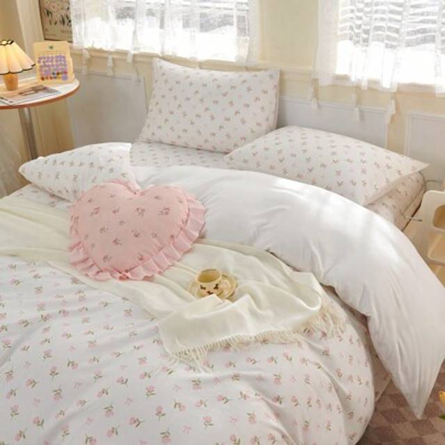SHEIN 2/3pcs Bow Tie Print Duvet Cover Pink Floral Bedding Sets, Vintage Style Flower Branches Pattern Duvet Covers With 4 Ties And Button Closure- 1 Duvet