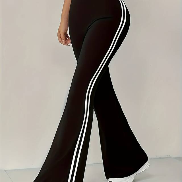 TEMU Women's High-waist Flare Leg Pants With Side Stripe - Black & White, Stretchy & Lifting Design, Machine Washable, Casual & Activewear, Relaxed Fit Trousers, Comfortable Lift Trousers
