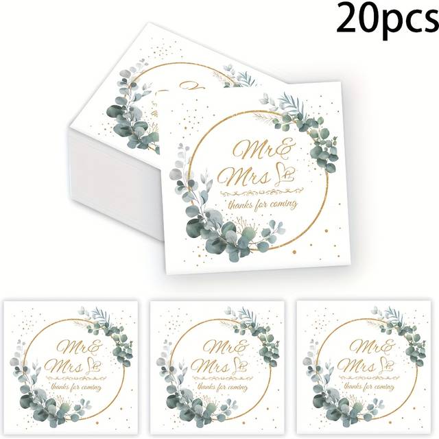 TEMU 20-pack Elegant Floral Wedding Napkins With Golden Accents & "" Design - Napkins For Weddings, Bridal Showers, Anniversaries, Graduations - Thank You Notes, Indoor/outdoor Party Decor