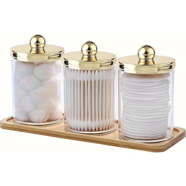 TEMU 3pcs Qtip Holder Bathroom Organizers And Storage, Round Holder Swab Dispenser Ball Holder With Tray Acrylic Apothecary Jars With Lids, Bathroom Containers For Floss Pick, Canisters