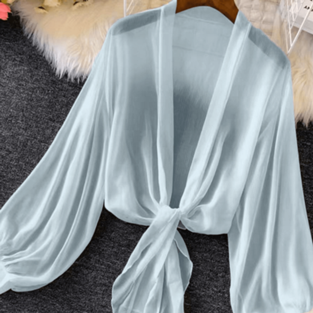 SHEIN Women&#39;s Summer Thin Lantern Sleeve Tie-Front Kimono Cardigan