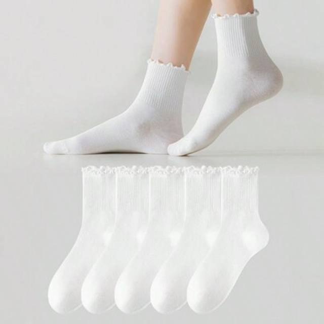 SHEIN 5 Pairs Women White Cute Falbala Edge Ruffle Fashionable Mid-Calf Socks, Suitable For Everyday Wear